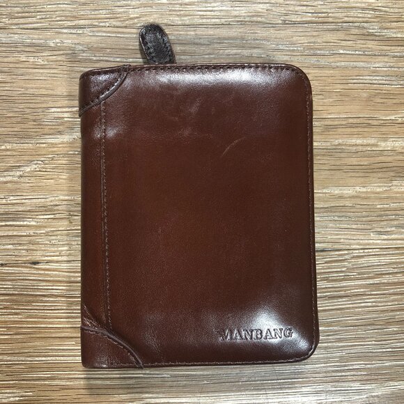 Manbang Mens Brown Leather Zip Pocket Wallet Card ID Holders - Picture 1 of 6